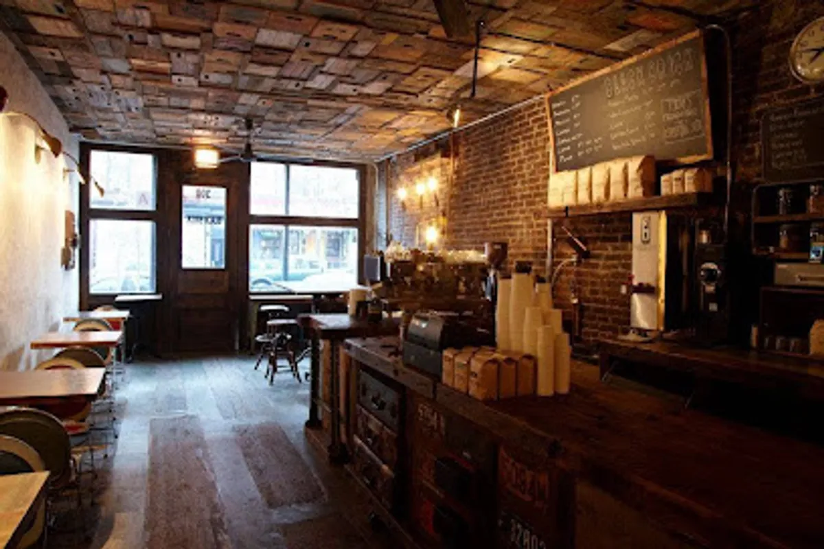 Interior view of Black Brick Coffee shop in Williamsburg with vintage decor